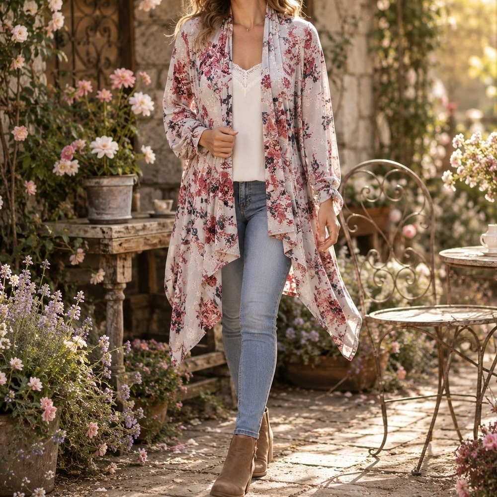 Ember XL Floral Cocoon Cardigan Kimono Open Front Boho Drape Balloon Sllev